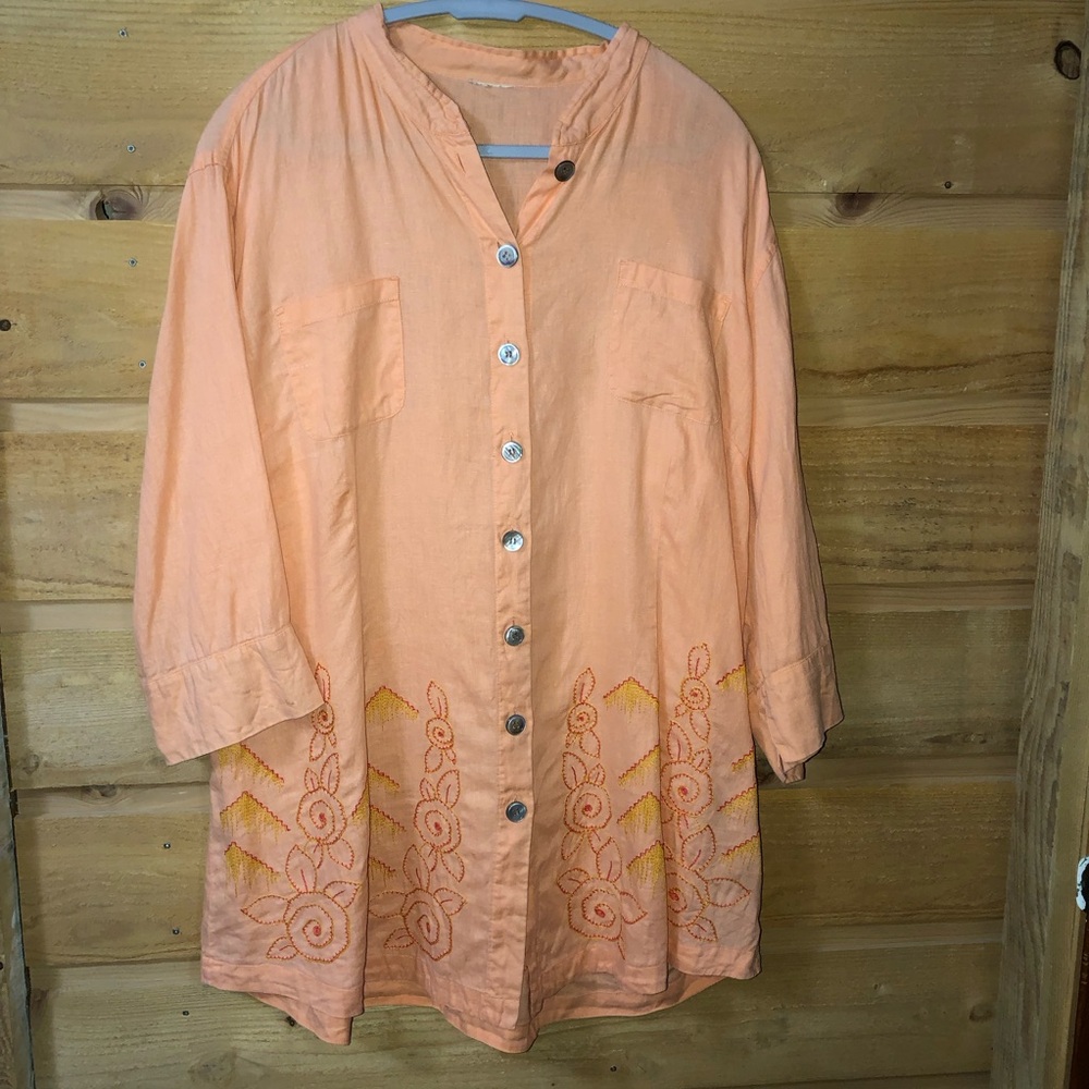 J. Jill linen peach button front blouse embroidered design* couple spots